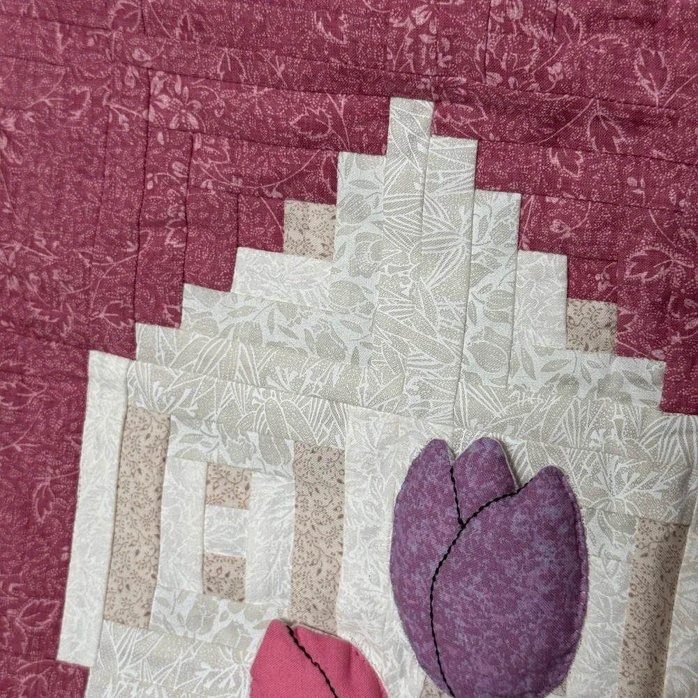 Handmade Quilted Wall Hanging Log Cabin Heart 3D Floral Applique Cottagecore Art